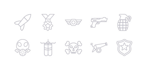 simple gray 10 vector icons set such as badge, cannon, dead, dynamite, gas mask, grenade, gun. editable vector icon pack