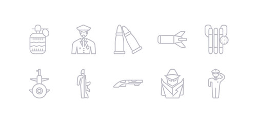 simple gray 10 vector icons set such as salute, secret agent, shotgun, soldiers and a weapon, submarine front view, time bomb with clock, torpedo. editable vector icon pack