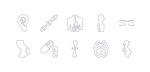 simple gray 10 vector icons set such as woman pregnant, brain upper view, broken bone, capsule black and white variant, cellulite, closed eyes with lashes and brows, column inside a male human body