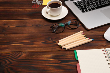 Office desk table with supplies. Flat lay Business workplace and objects. Top view. Copy space for text