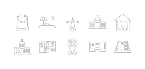 simple gray 10 vector icons set such as tower bridge, train station, travel, travel guide, vatican, warehouse, white house. editable vector icon pack