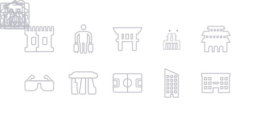 simple gray 10 vector icons set such as shopping center, skyscraper, stadium, stonehenge, sunglasses, temple of heaven, temple of the frescoes. editable vector icon pack