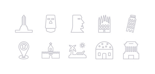 simple gray 10 vector icons set such as ho chi minh mausoleum, hut, island, kremlin, landmark, leaning tower of pisa, milan. editable vector icon pack