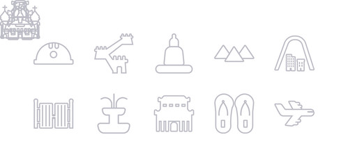 simple gray 10 vector icons set such as flight, flip flops, forbidden city, fountain, gate, gateway arch, giza. editable vector icon pack
