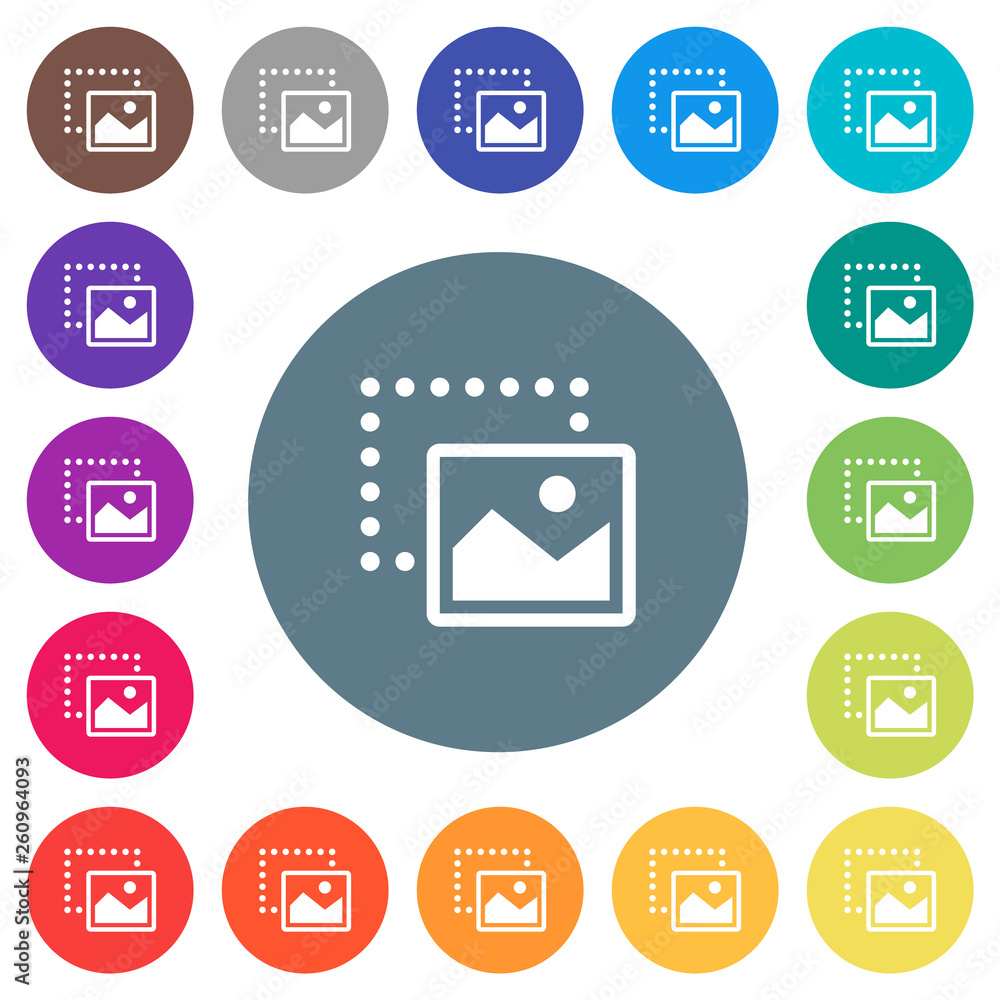 Poster drag image to bottom right flat white icons on round color backgrounds