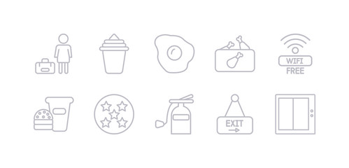 simple gray 10 vector icons set such as elevator, exit, extinguisher, five stars, food, free wifi, fried chicken. editable vector icon pack