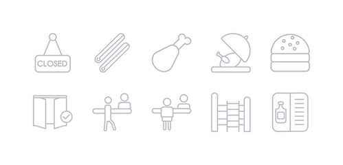 simple gray 10 vector icons set such as wine menu, bunk bed, check in, check out, checkroom, cheese burger, chicken. editable vector icon pack