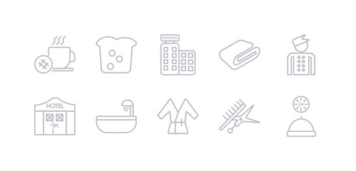 simple gray 10 vector icons set such as 24 service, barbershop, bathrobe, bathtub, beach hotel, bellboy, blanket. editable vector icon pack