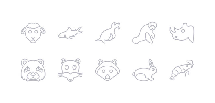 simple gray 10 vector icons set such as prawn, rabbit, racoon, rat, panda, rhino, sea cow. editable vector icon pack