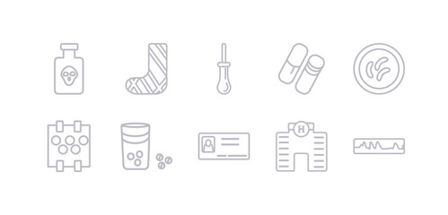 simple gray 10 vector icons set such as cardiogram, hospital, medical history, medicines, patch, petri dish, pills. editable vector icon pack