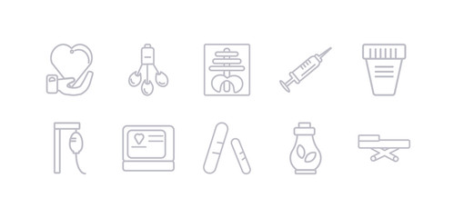 simple gray 10 vector icons set such as stretcher, syrup, tablets, tonometer, transfusion, urine, vaccine. editable vector icon pack