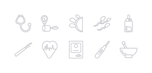 simple gray 10 vector icons set such as pharmacy, pregnancy test, prescription, pulse, scalpel, serum, sperm. editable vector icon pack