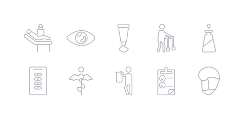 simple gray 10 vector icons set such as medical mask, medical report, medical result, shield, strip, substance, walker. editable vector icon pack