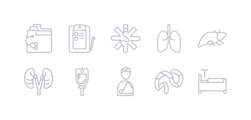 simple gray 10 vector icons set such as hospital bed, injury, intestine, intravenous, kidneys, liver, lung. editable vector icon pack
