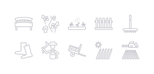 simple gray 10 vector icons set such as farm, farm field, farm trailer, farmer, farmer boots, farming fork, fence. editable vector icon pack
