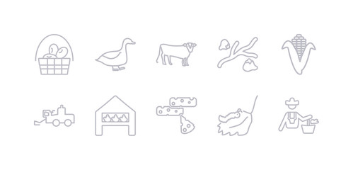 simple gray 10 vector icons set such as self-sufficient, caterpillar, cheese, chicken coop, combine harvester, corn, cotton. editable vector icon pack
