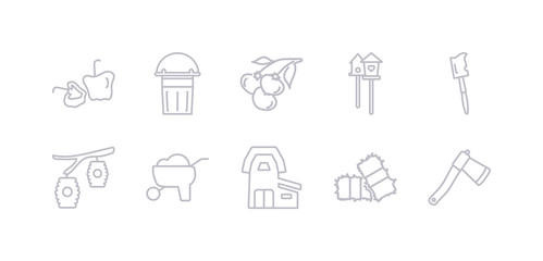 Fototapeta premium simple gray 10 vector icons set such as axe, bale, barn, barrow, beehive, billhook, bird house. editable vector icon pack
