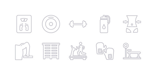 simple gray 10 vector icons set such as trainer rod, training gloves, treadmill, trellis, triceps bar, waist, water bottle. editable vector icon pack