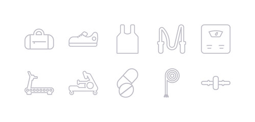 Fototapeta premium simple gray 10 vector icons set such as roller, rope, press simulator, rowing machine, running machine, scale, skipping rope. editable vector icon pack