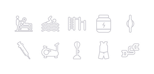 simple gray 10 vector icons set such as sport expander, sport wear, standing punching ball, stationary bike, steroids, stretching punching ball, supplement. editable vector icon pack