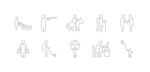 Fototapeta premium simple gray 10 vector icons set such as flying a kite, game playing, gliding parachutist, golf playing, greedy, greeting, hiking. editable vector icon pack
