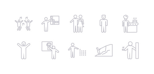 Fototapeta na wymiar simple gray 10 vector icons set such as cigarette, climbing, collecting, coloring, comic, cooking, cosplaying. editable vector icon pack