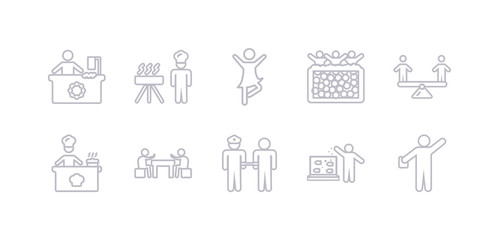 Fototapeta na wymiar simple gray 10 vector icons set such as acting, aquarium, arrest, baccarat, baking, balancing, ball pit. editable vector icon pack
