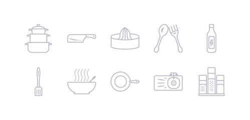 simple gray 10 vector icons set such as seasoning, sink, skillet, soup bowl, spatula, spice jar, spoon. editable vector icon pack