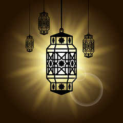 arabic lantern vector black shadow silhouette with sun rays burst. ramadan kareem symbol for islamic festival.