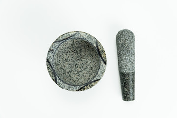 Top view stone mortar isolated on white background