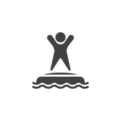 Man in water park trampoline vector icon. filled flat sign for mobile concept and web design. Summer aquapark trampoline glyph icon. Symbol, logo illustration. Pixel perfect vector graphics