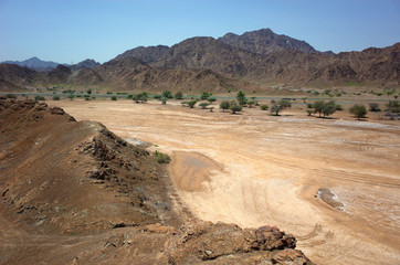 Fototapeta na wymiar Arabian peninsula landscape with dry mountains in Fujairah, United Arab Emirates