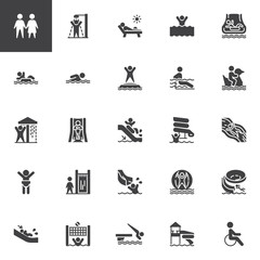 Water park slides vector icons set, modern solid symbol collection, filled style pictogram pack. Signs, logo illustration. Set includes icons as aqua park swimming pool, sunbathing , summer vacations