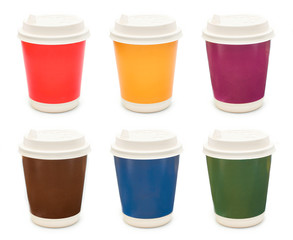 Set of different colored and blank Cardboard Coffee Cups isolated on a white background.