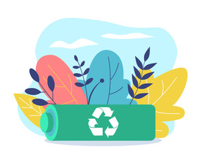 Battery recycling. Reclining battery with recycling icon