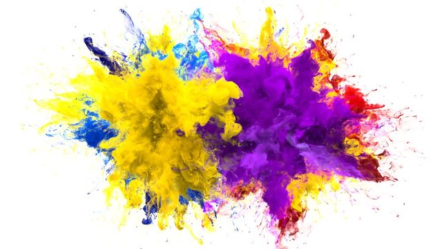 Color Burst - Multiple colorful smoke powder explosion fluid ink particles slow motion alpha matte isolated on white