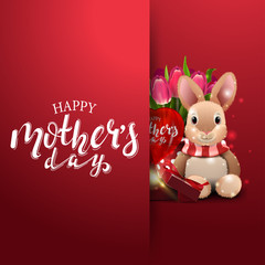 Happy mother's day, modern red congratulations postcard template with plush rabbit, tulips and gift