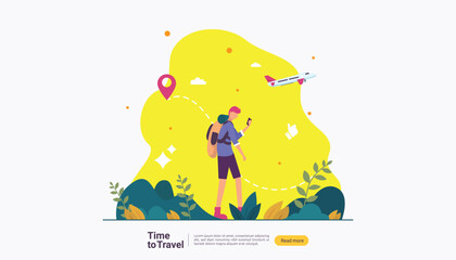 backpacker travel adventure concept. outdoor vacation recreation in nature theme of hiking, climbing and trekking with people character. template for landing page, banner, poster, ad or print media