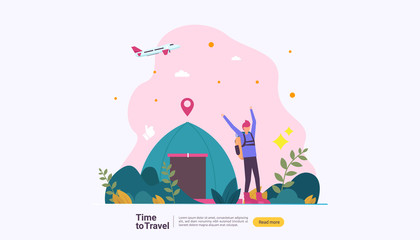 Naklejka premium backpacker travel adventure concept. outdoor vacation recreation in nature theme of hiking, climbing and trekking with people character. template for landing page, banner, poster, ad or print media
