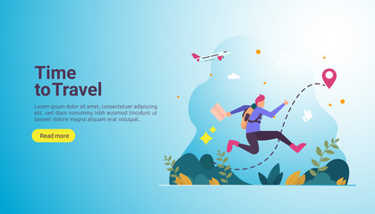 Obraz premium backpacker travel adventure concept. outdoor vacation recreation in nature theme of hiking, climbing and trekking with people character. template for landing page, banner, poster, ad or print media