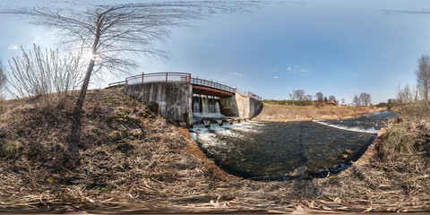 full seamless spherical hdri panorama 360 angle view dam lock sluice on the river impetuous...