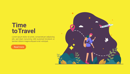 backpacker travel adventure concept. outdoor vacation recreation in nature theme of hiking, climbing and trekking with people character. template for landing page, banner, poster, ad or print media
