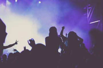 cheering crowd with raised hands at concert - music festival