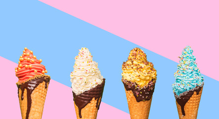 Colorful and curly ice cream arranged in a row on a background with pastel stripes. Summer colors of sweet dessert with sprinkles. Cones on the backdrop with a free copy space for subtitles.