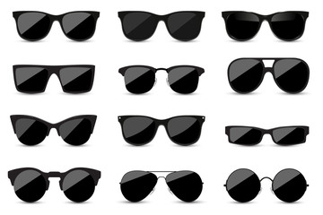Fototapeta Big set of fashionable black sunglasses on white background. Black glasses isolated with shadow for your design. Vector illustration. obraz