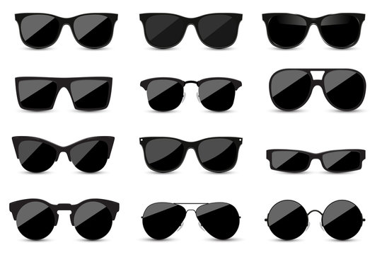 Big set of fashionable black sunglasses on white background. Black glasses isolated with shadow for your design. Vector illustration.