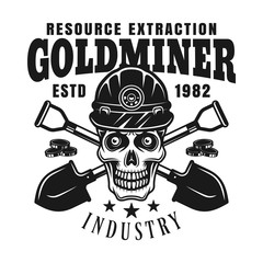 Goldminer skull and crossed shovels vector emblem