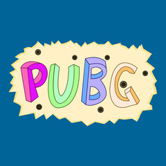 Vector illustration of a pubg text on a blue background in a bullet-shot plate.