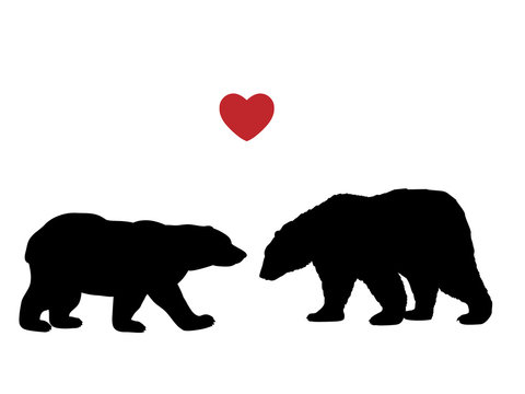 Two bear love black silhouette animals. Vector Illustrator. 
