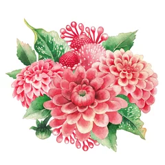 Muurstickers Dahlia Aquarelboeket van dahlia& 39 s bloemen en bladeren